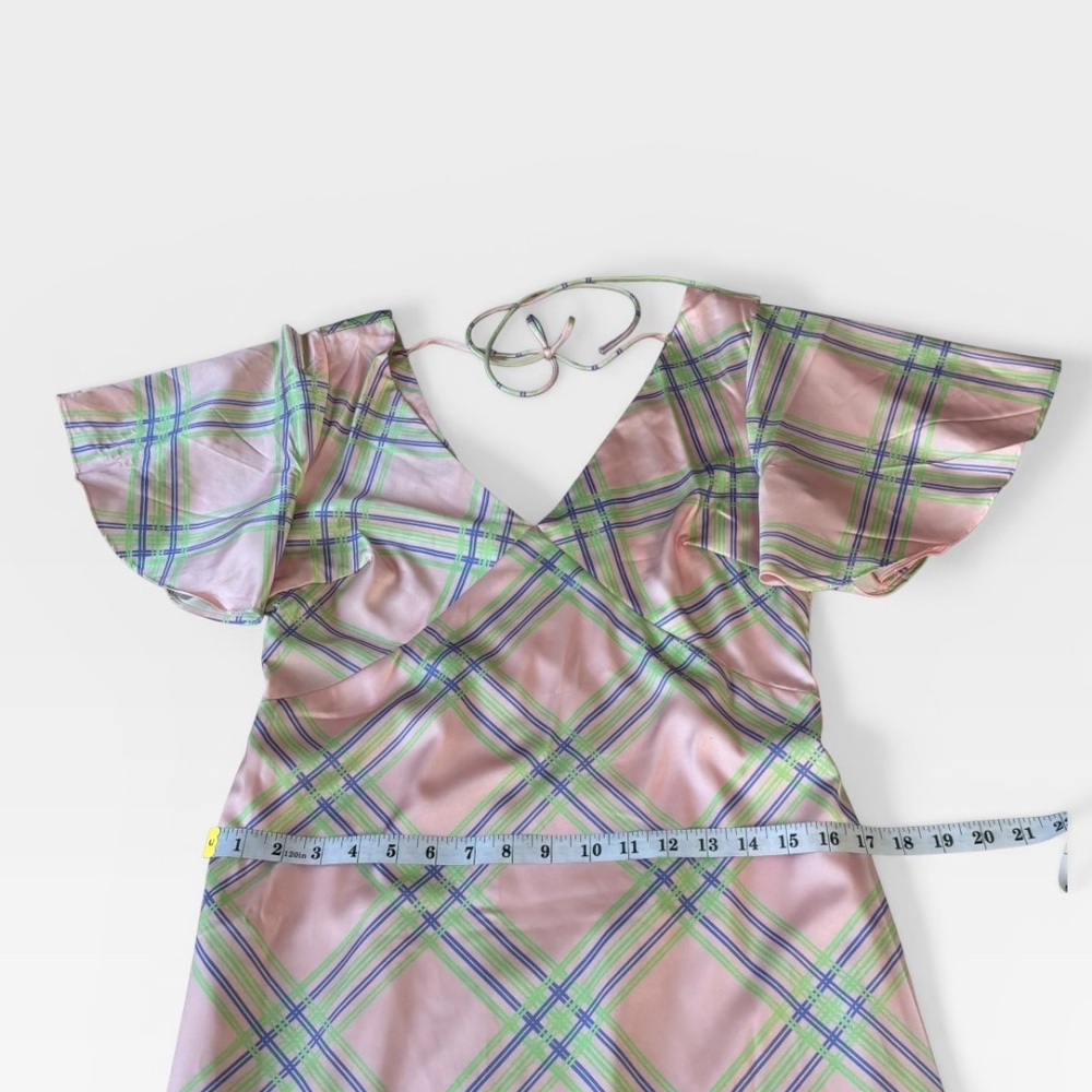 New Petal & Pup Dress Satin Pink Plaid Maxi Dress Size Medium - Picture 8 of 11